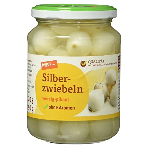 tegut... Silberzwiebel im Glas, mild würzigen aromatischen Geschmack, wiederverschließbar, 330g (Abtropfgewicht - 190g) von tegut…