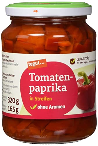 tegut... Tomatenpaprika im Glas, mild aromatischen Geschmack, wiederverschließbar, 330g (Abtropfgewicht - 165g) von tegut…