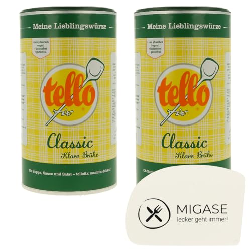 MIGASE Set - bestehend aus 2x900g Tellofix Classic Klare Brühe - Vegan - Lactosefrei - rein Pflanzlich - vielseitiges Würzmittel - inklusive einer gratis Teigkarte der Marke MIGASE® von tellofix