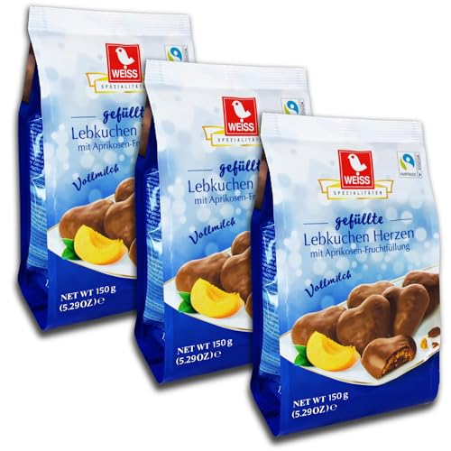 3 er Pack Weiss Vollmilch Lebkuchen Herzen gefüllt mit Aprikosenfüllung 3 x 150 g von topDeal