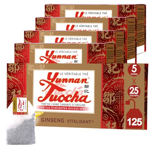 Yunnan Tuocha - Belebender Schwarzer Tuochaq Tee mit Ginseng - 125 Teebeutel (5er Pack x 25) - 250g - Tee aus China mit Garantierter Herkunft von tuocha