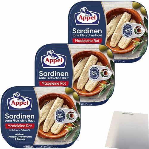 Appel Sardinen zarte Filets ohne Haut Madeleine Rot in feinem Olivenöl 3er (3x105g Dose) + usy Block von usy