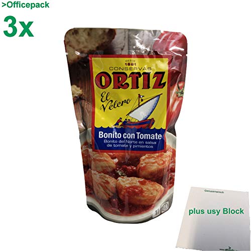 Conservas Ortiz Bonito con Tomate "Weißer Thunfisch in Tomatensauce und Paprika" Officepack (3x300g) + usy Block von usy