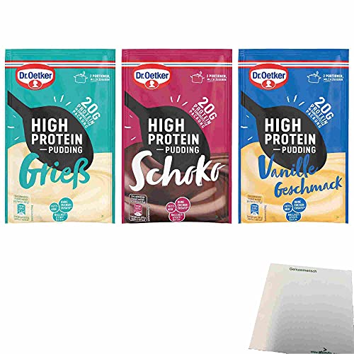 Dr. Oetker High Protein Pudding Testpaket (je 1x Beutel Grieß 65g, Schoko 58g, Vanille 55g) + usy Block von usy