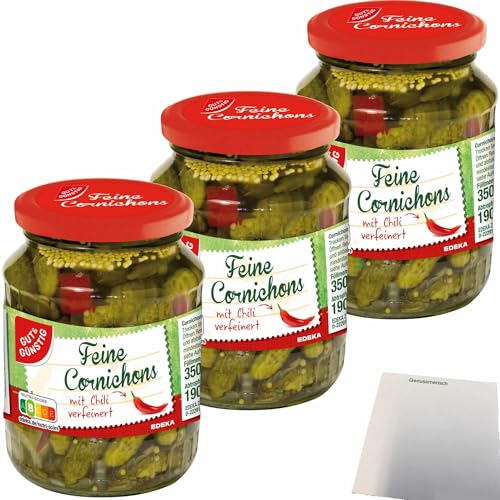 Gut&Günstig Cornichons mit Chili verfeinert kleine feine Gurkensortierung 3er Pack (3x190g ATG) + usy Block von usy