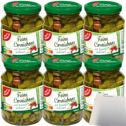 Gut&Günstig Cornichons mit Kräutern fein-würzig kleine feine Gurkensortierung 6er Pack (6x190g ATG) + usy Block von usy