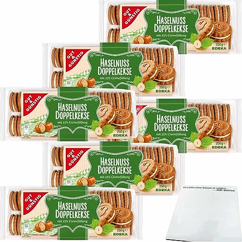 Gut&Günstig Haselnuss Doppelkekse Haselnuss-Gebäck mit Cremefüllung 6er Pack (6x250g Packung) + usy Block von usy