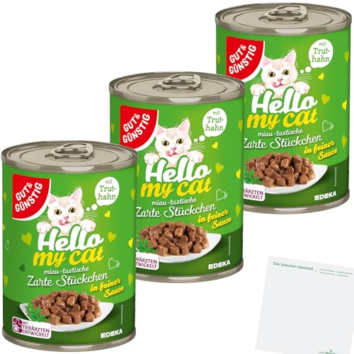 Gut&Günstig Hello my Cat Zarte Stücke mit Truthahn in feiner Sauce 3er Pack (3x415g Dose) + usy Block von usy