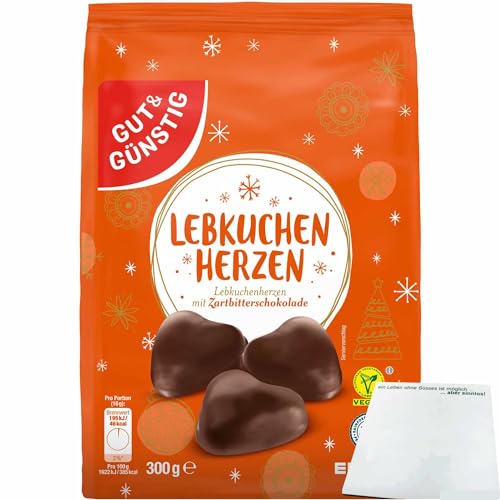 Gut&Günstig Lebkuchenherzen ungefüllt zarte Lebkuchen in Zartbitterschokolade (300g Packung) + usy Block von usy