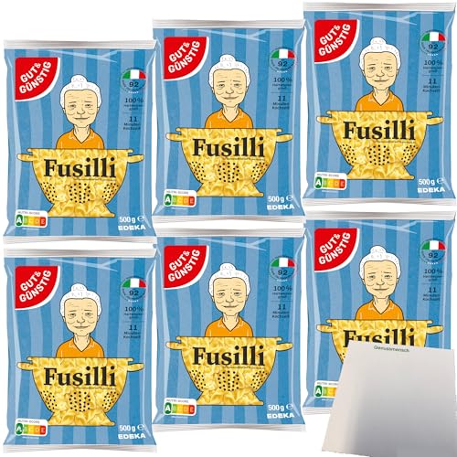 Gut&Günstig Nudeln Fusilli Pasta aus Italien 6er Pack (6x500g Packung) + usy Block von usy