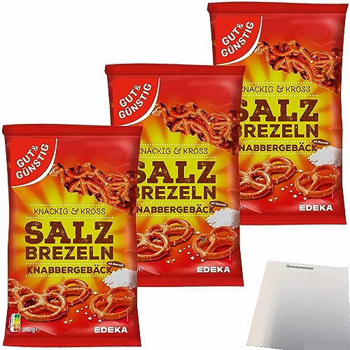 Gut&Günstig Salzbrezel Knabbergebäck Knackig & Cross mit Meersalz 3er Pack (3x250g Packung) + usy Block von usy