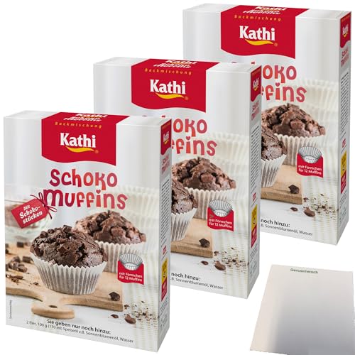 Kathi Backmischung für Schoko Muffins mit Schokoladenstücken und Förmchen 3er Pack (3x380g Packung) + usy Block von usy