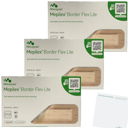 Mölnlycke Mepilex Border Flex selbsthaftender Schaumverband 5x12,5 cm 3er Pack (3x 5 Stück Packung) + usy Block von usy