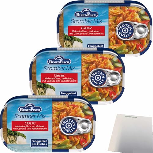 Rügenfisch Scomber-Mix, Makrelenfilets zerkleinert mit Gemüse und Tomatenmark 3er Pack (3x120g Dose) + usy Block von usy