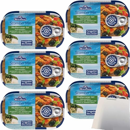 Rügenfisch Scomber-Mix Mediterraner Art, Makrelenfilets zerkleinert mit Tomaten und Oliven in Tomatensauce 6er Pack (6x120g Dose) + usy Block von usy