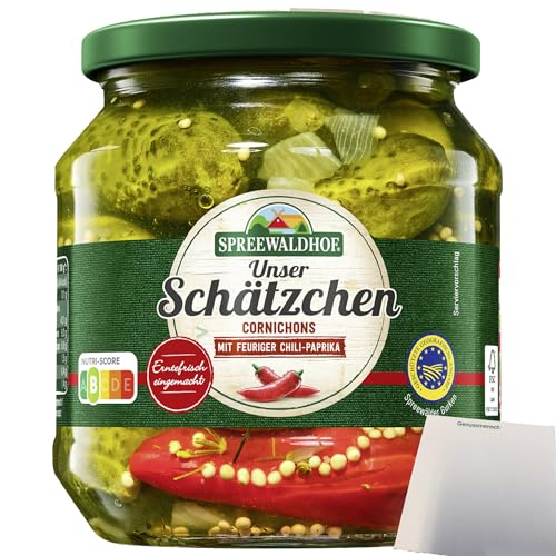 Spreewaldhof Unser Schätzchen Cornichons mit feuriger Chili-Paprika (530g Glas) + usy Block von usy