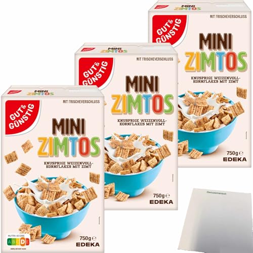 usy Bundle für Gut&Günstig Mini Zimtos Vollkornweizenflakes mit Zimtgeschmack Cerealien 3er Pack (3x750g Packung) + usy Block von usy