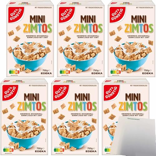 usy Bundle für Gut&Günstig Mini Zimtos Vollkornweizenflakes mit Zimtgeschmack Cerealien 6er Pack (6x750g Packung) + usy Block von usy