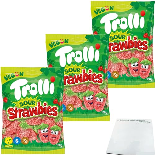 usy Bundle für Trolli Sour Strawbies sauer gezuckerte Fruchtgummi-Erdbeeren 3er Pack (3x150g Packung) + usy Block von usy