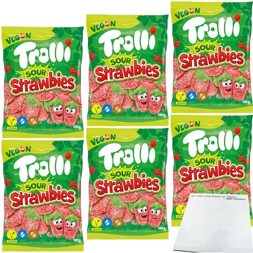 usy Bundle für Trolli Sour Strawbies sauer gezuckerte Fruchtgummi-Erdbeeren 6er Pack (6x150g Packung) + usy Block von usy