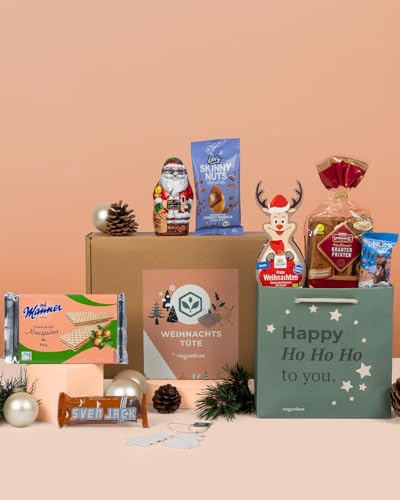 Vegan Box Weihnachtsbeutel gefüllt mit leckeren veganen Naschereien, Ausgewählte Produkte für die Weihnachtszeit, Nikolaustüte, Geschenktüte von veganbox GET INSPIRED