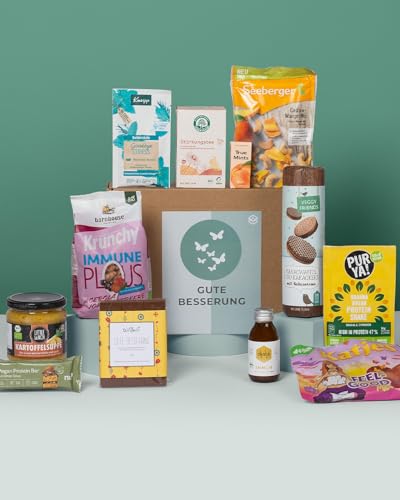 GUTE BESSERUNG BOX | Gute Besserung Geschenk Paket mit Snacks & vielen Aufmerksamkeiten zur Genesung | Care Paket, Geschenkkorb Vegan von veganbox get inspired