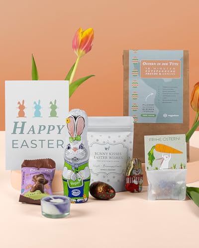 VEGAN BOX ® Ostergeschenk Set Ostern in der Tüte | Oster Geschenkset mit Tee, Schokolade, Marzipan uvm. | Geschenktüte zu Ostern von veganbox get inspired