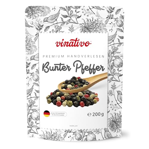 vinativo Bunter Pfeffer – ganz – 200g – Premium Qualität – Pfefferkörner von schwarzem, weißem, grünem Pfeffer und rote Beeren – für die Mühle geeignet von vinativo