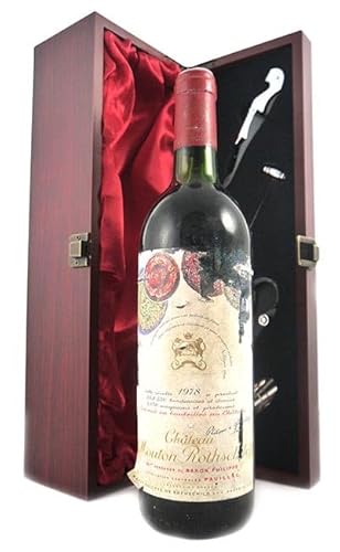 Chateau Mouton Rothschild 1978 1er Grand Cru Classe Pauillac (Red wine) in einer mit Seide ausgestatetten Geschenkbox, da zu 4 Weinaccessoires, 1 x 750ml von vintagewinegift