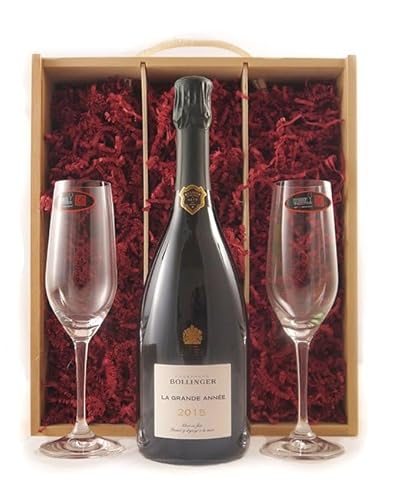 Bollinger Grand Annee Vintage Champagne 2015 (Original Box) with Two Riedel Crystal Champagne Flutes in einer Geschenkbox, da zu 4 Weinaccessoires, 1 x 750ml von vintagewinegifts