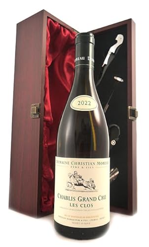 Chablis Grand Cru Les Clos 2022 Domaine Christian Moreau (White wine) in einer mit Seide ausgestatetten Geschenkbox, da zu 4 Weinaccessoires, 1 x 750ml von vintagewinegifts