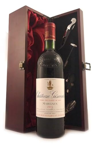 Chateau Giscours 1975 Grand Cru Classe Margaux (Red wine) in einer mit Seide ausgestatetten Geschenkbox, da zu 4 Weinaccessoires, 1 x 750ml von vintagewinegifts