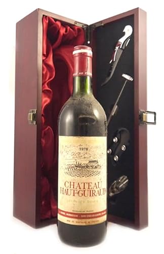 Chateau Haut Guiraud 1976 Bordeaux (Red wine) in einer mit Seide ausgestatetten Geschenkbox, da zu 4 Weinaccessoires, 1 x 750ml von vintagewinegifts