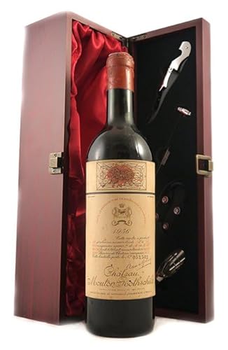 Chateau Mouton Rothschild 1956 1er Cru Grand Classe Pauillac (Red wine) in einer mit Seide ausgestatetten Geschenkbox, da zu 4 Weinaccessoires, 1 x 750ml von vintagewinegifts