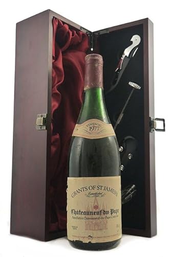 Chateauneuf du Pape 1977 Grant of St James (Red wine) in einer mit Seide ausgestatetten Geschenkbox, da zu 4 Weinaccessoires, 1 x 750ml von vintagewinegifts