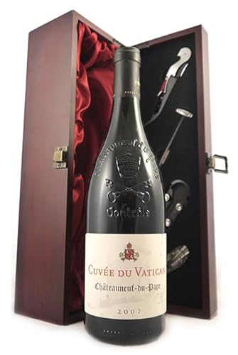 Chateauneuf du Pape 2007 Cuvee Du Vatican (Red wine) in einer mit Seide ausgestatetten Geschenkbox, da zu 4 Weinaccessoires, 1 x 750ml von vintagewinegifts