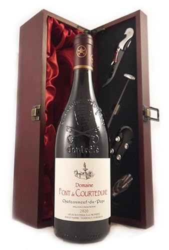 Chateauneuf du Pape 2020 Domaine Font de Courtedune (Red wine) in einer mit Seide ausgestatetten Geschenkbox, da zu 4 Weinaccessoires, 1 x 750ml von vintagewinegifts