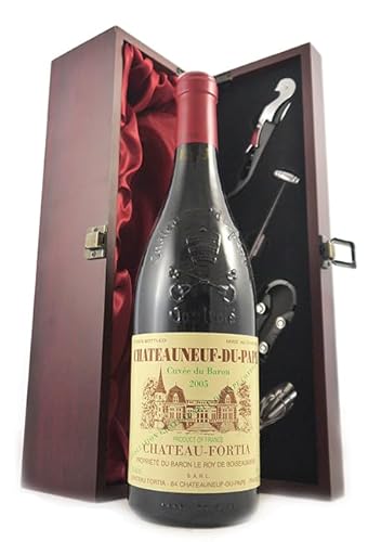 Chateauneuf du Pape Cuvee du Baron 2005 Chateau Fortia (Red wine) in einer mit Seide ausgestatetten Geschenkbox, da zu 4 Weinaccessoires, 1 x 750ml von vintagewinegifts