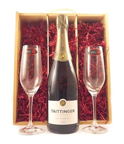 Taittinger Brut Millésimé Vintage Champagne 2016 with Two Riedel Crystal Champagne Flutes in einer Geschenkbox, da zu 4 Weinaccessoires, 1 x 750ml von vintagewinegifts