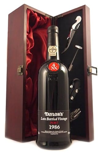 Taylor's Late bottled Vintage Port 1986 in einer mit Seide ausgestatetten Geschenkbox, da zu 4 Weinaccessoires, 1 x 750ml von vintagewinegifts