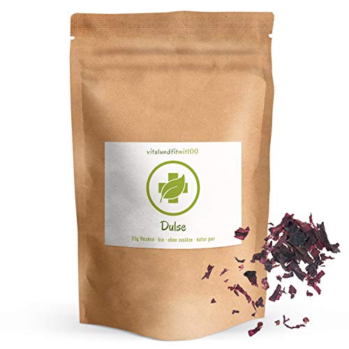 Bio Dulse Flocken - 25 g - Algen-Flocken - Algenflakes - Meeresgewürz - von der Atlantikküste Spaniens - Rotalge, Rote Meeresalgen, Lappentang - in Rohkostqualität - glutenfrei - OHNE Zusatzstoffe von vitalundfitmit100