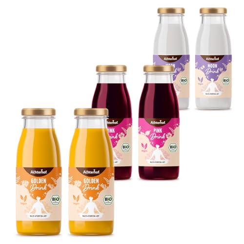 Ayurveda Drinks Probierset Bio | 6 Ayurveda Shots | mit Golden Drink, Pink Drink und Moon Drink | wertvolle ayurvedische Kräuter und Gewürze enthalten | zum Direktverzehr | vom Achterhof von vom-Achterhof