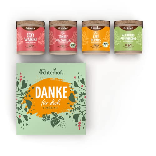 Danke für Dich Gewürzset | Aglio Olio Peperoncino, Café de Paris Bio, Sexy Waikiki und Tomate Mozzarella Bio Gewürzzubereitung | aromatische Geschmacksvielfalt | Geschenkbox | vom Achterhof von vom-Achterhof