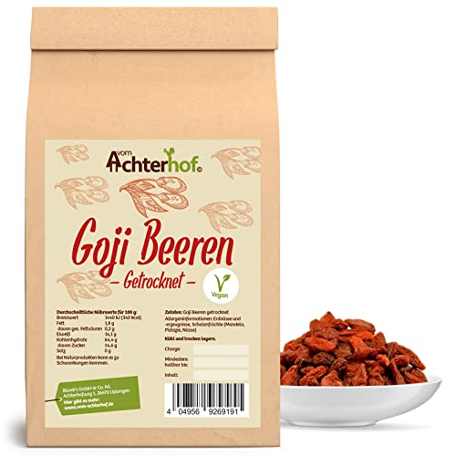 Goji Beeren getrocknet 250g | ungeschwefelt und ungezuckert | feinste getrocknete Gojibeeren | ideal im Müsli, zum Backen und Knabbern | vom Achterhof von vom-Achterhof