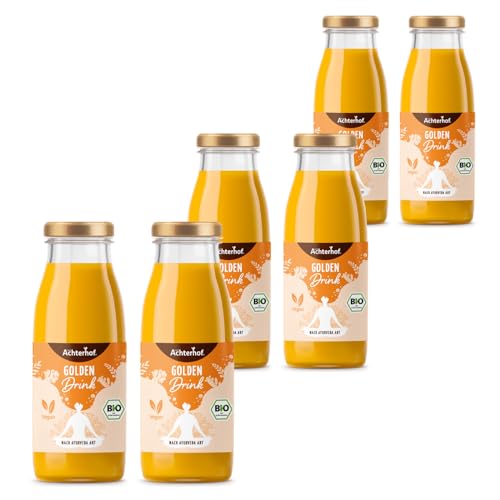 Golden Drink Bio | 6 Saft-Shots mit Kurkuma, Ingwer, Hagebuttenpulver, Fruchtsaftpüree und ausgewählten ayurvedischen Kräuter | 6 x 250ml Flaschen | vom Achterhof von vom-Achterhof