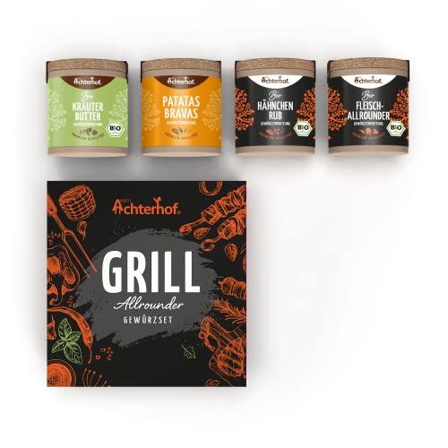 Grill Allrounder Gewürzset | Hähnchen Rub Bio, Kräuterbutter Bio, Fleischallrounder Bio & Patatas Bravas Gewürzzubereitung | Gewürzset ideal zum Verschenken | vom Achterhof von vom-Achterhof