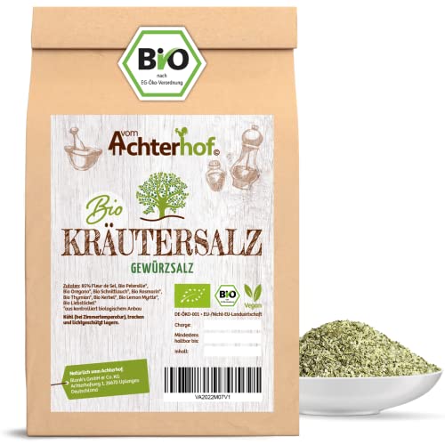 Kräutersalz Bio 100g | Gewürzsalz in Bio-Qualität | Meersalz mit Kräutern | Fleur de Sel (85%), Petersilie, Oregano, Schnittlauch, Rosmarin, Thymian, Kerbel, Lemon Myrtle, Liebstöckel | vom Achterhof von vom-Achterhof