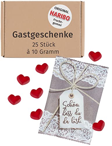 von Rafenstein - Hochzeitsgeschenk für Gäste - Fruchtgummiherzen 25 x 10g - Schön, dass du da bist - als Gastgeschenke Hochzeit und Vintage Hochzeitsdeko - Gummibärchen Hochzeit, Mitgebsel von von Rafenstein