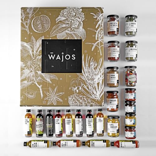 Wajos Adventskalender 2024, vegan: Der etwas andere Feinkost- & Gewürz-Adventskalender für Männer und Frauen, Weihnachtskalender Gold-Edition von wajos