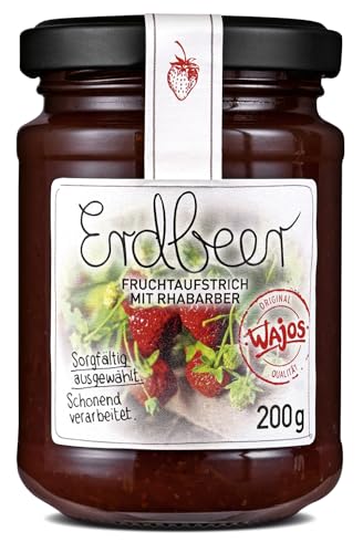 Wajos Erdbeer Fruchtaufstrich mit Rhabarber, 200g: veganer Brotaufstrich perfekt für Frühstück & Brunch. Vegane Lebensmittel von wajos